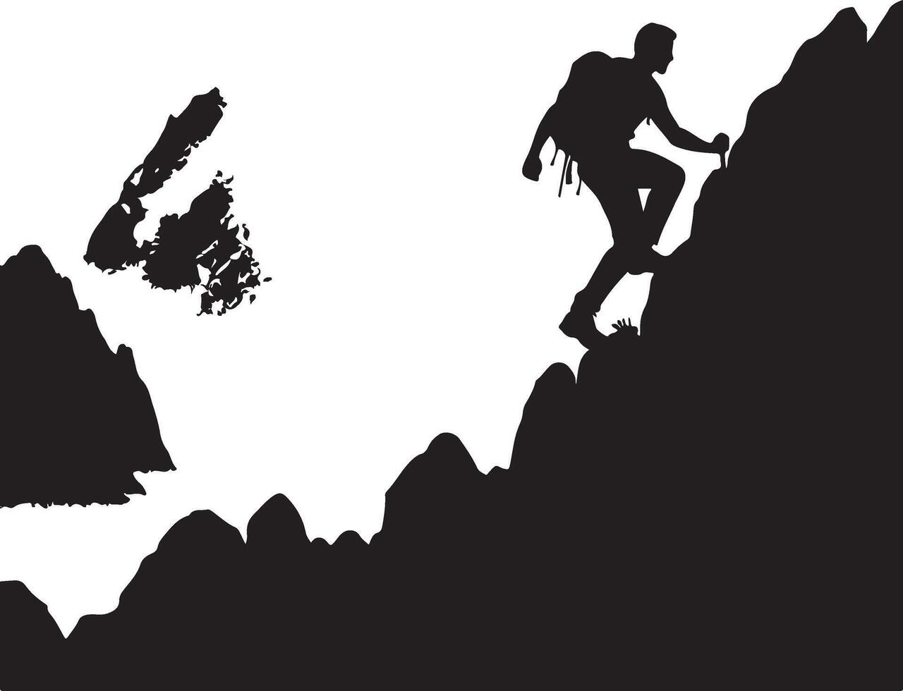 A man climbing mountain and hiking flat silhouette design vector
