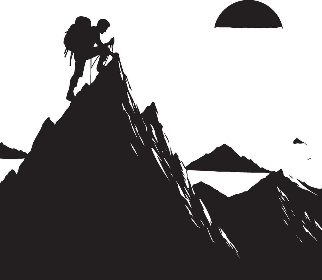A man climbing mountain and hiking flat silhouette design vector