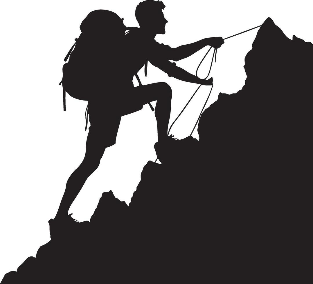 A man climbing mountain and hiking flat silhouette design vector