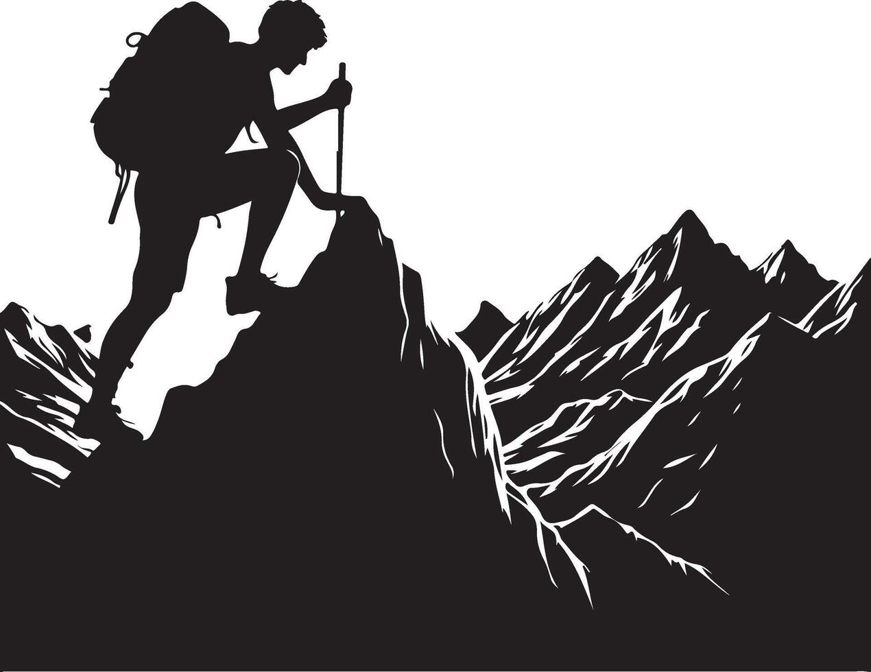 A man climbing mountain and hiking flat silhouette design vector