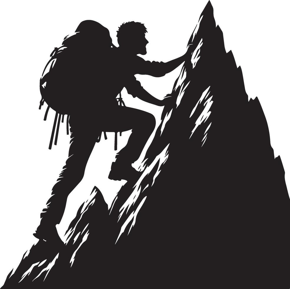A man climbing mountain and hiking flat silhouette design vector
