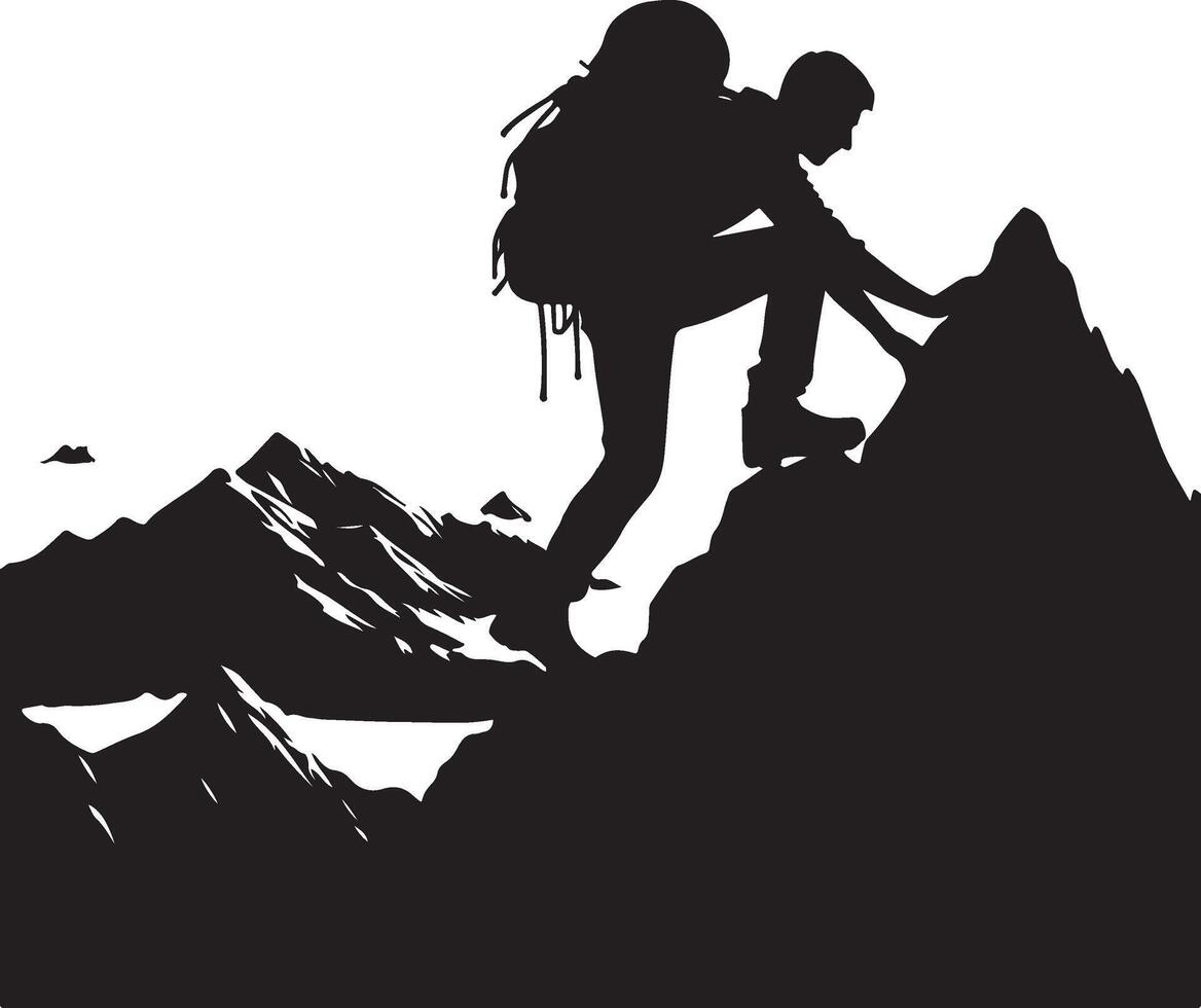 A man climbing mountain and hiking flat silhouette design vector