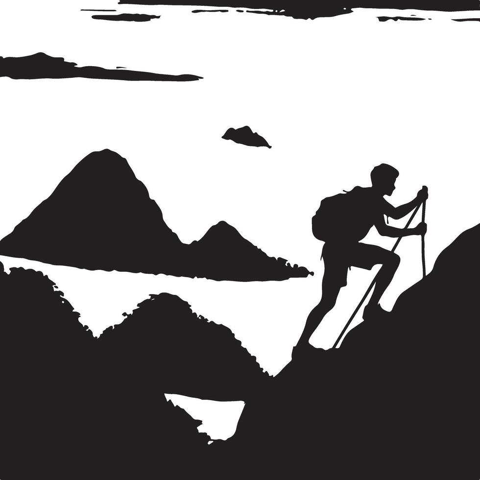 A man climbing mountain and hiking flat silhouette design vector
