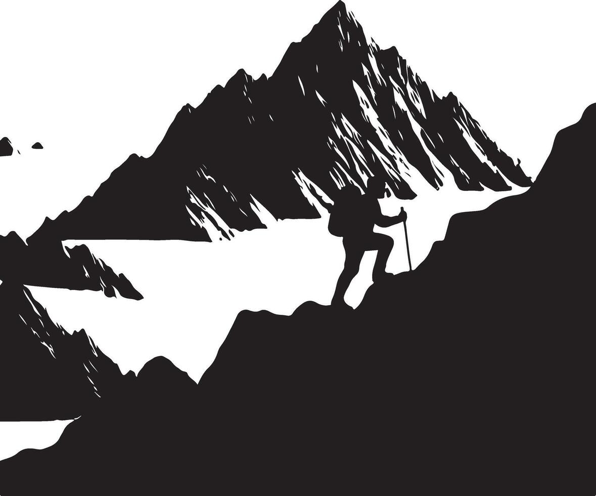A man climbing mountain and hiking flat silhouette design vector