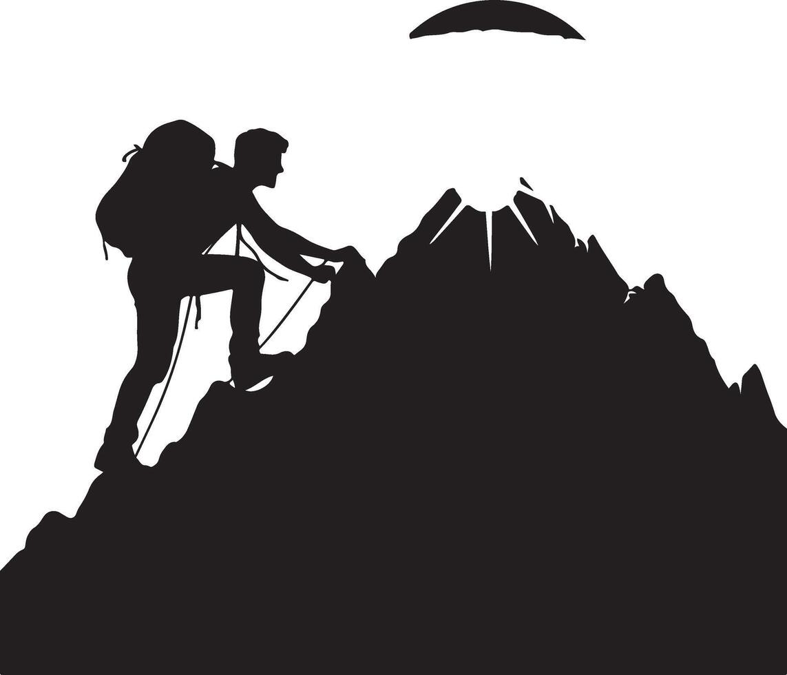 A man climbing mountain and hiking flat silhouette design vector