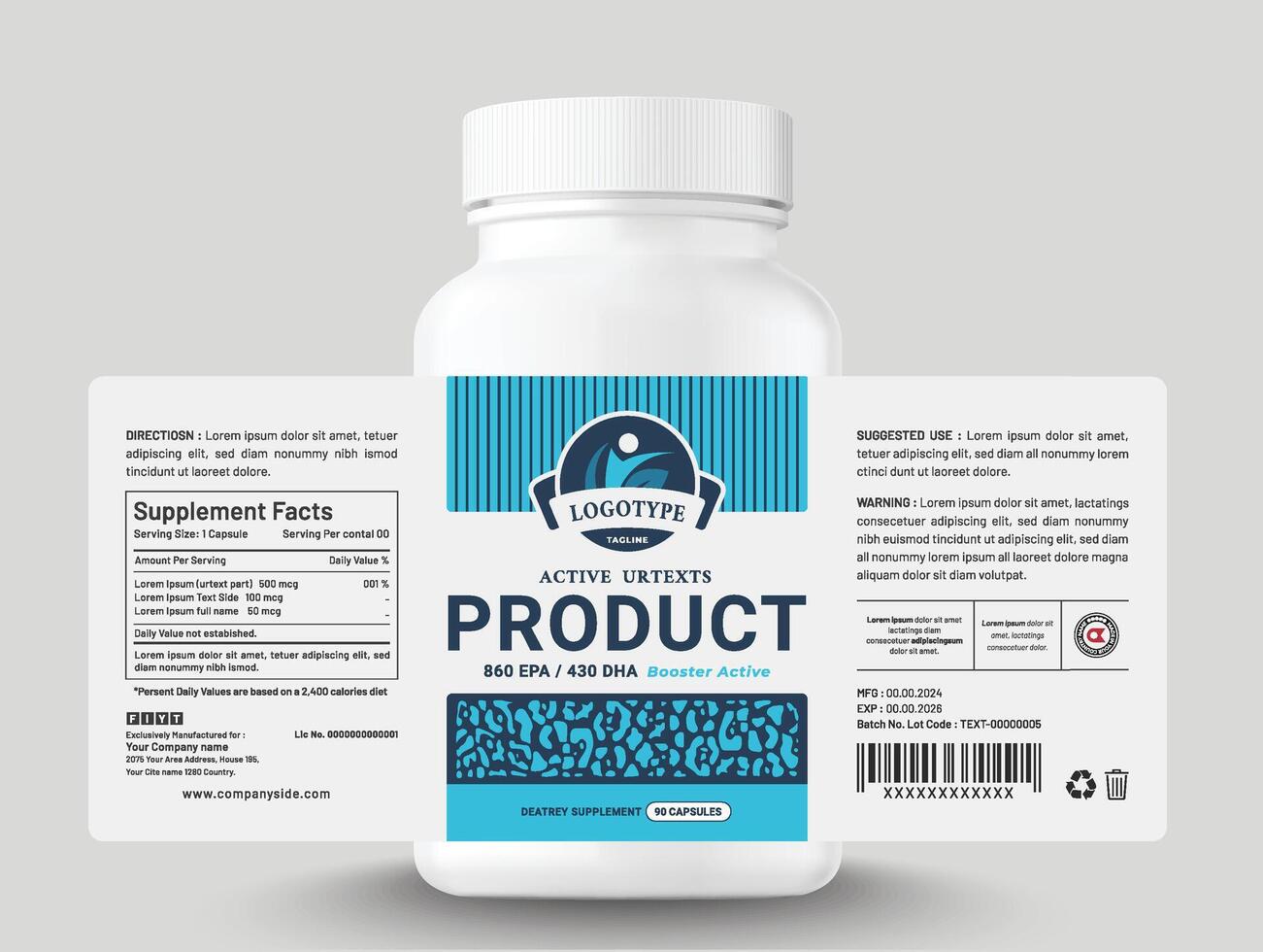 Food supplement vitamin medicine label sticker design dietary drug capsule and tablet modern bottle jar box packaging. vector
