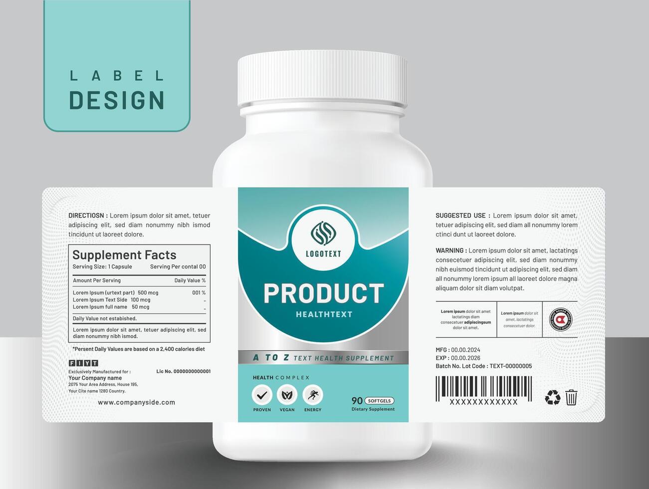 Food supplement vitamin medicine label sticker design dietary drug capsule and tablet modern bottle jar box packaging. vector