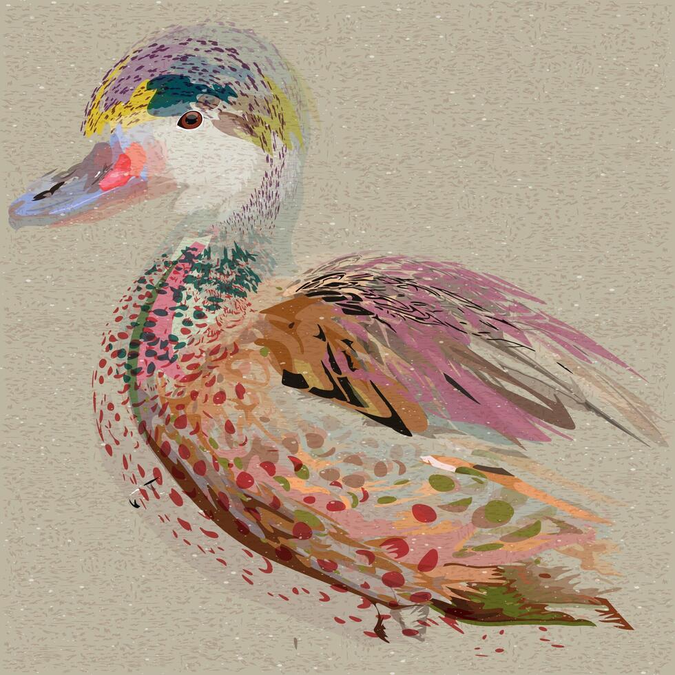 Pastel Mandarin duck surrelism overlap transparent with risograph effect graphic illustrated. vector