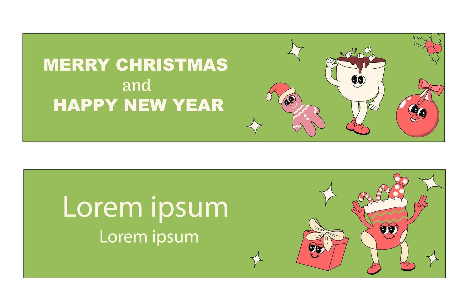 y2k new year banner with groovy characters santa. Christmas groovy vector