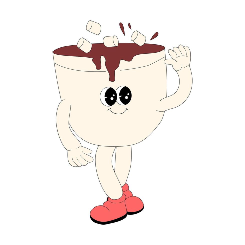 Christmas and Happy New Year groovy drink hot cocoa character isolated. vector