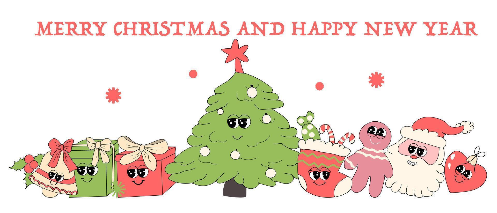 y2k new year banner with groovy characters santa. Christmas groovy vector