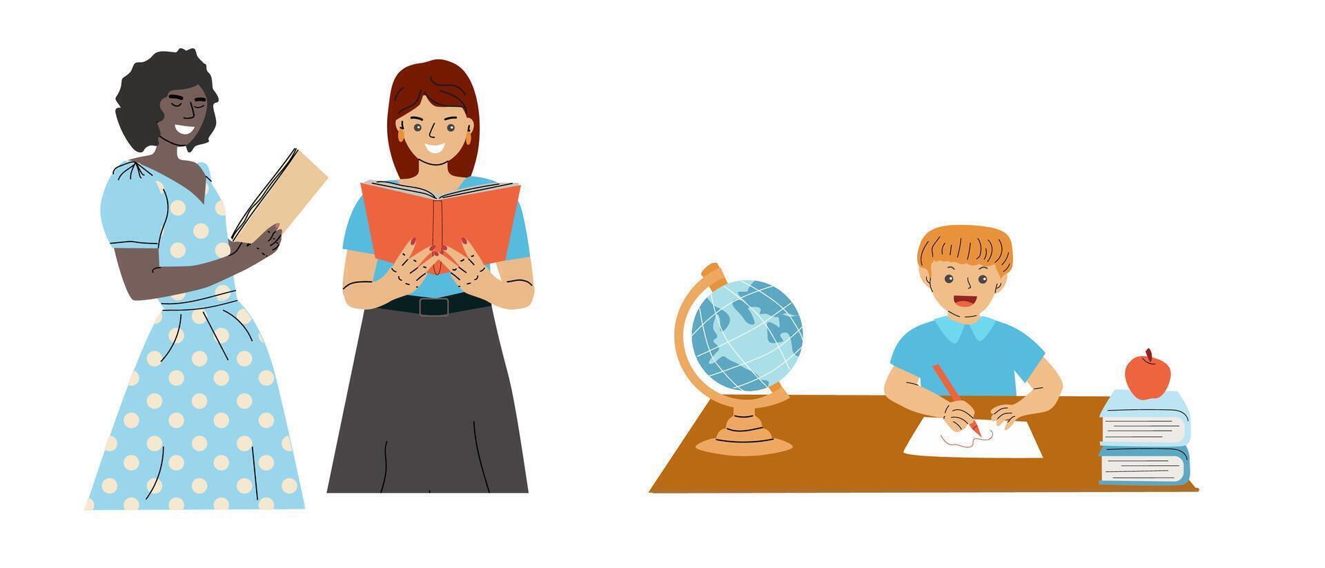 Back to school concept elements set. Online school kid and teachers vector