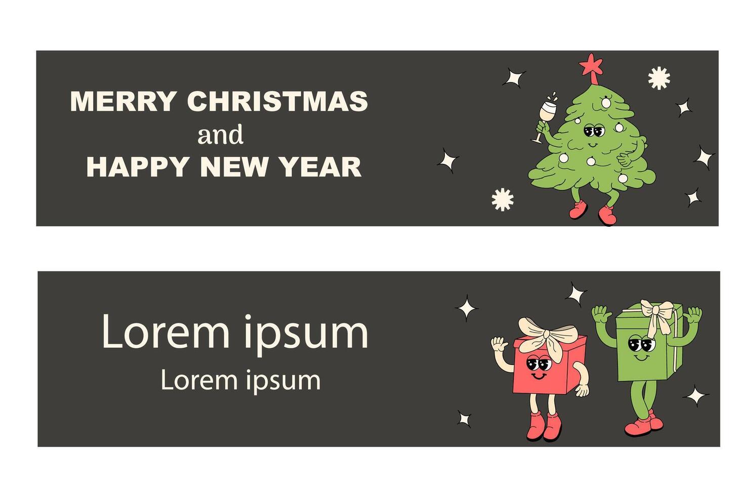 y2k new year banner with groovy characters santa. Christmas groovy vector