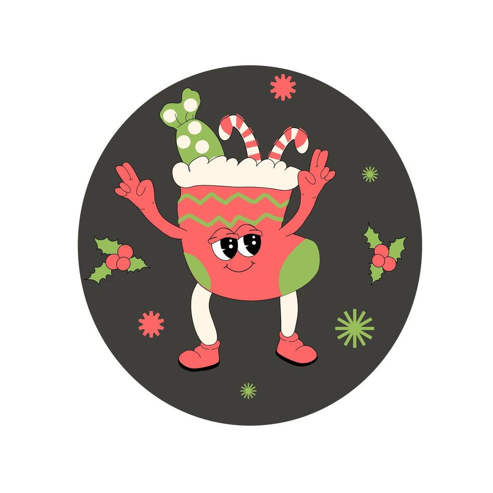 Christmas groovy banner with cartoon characters. Xmas square background. vector
