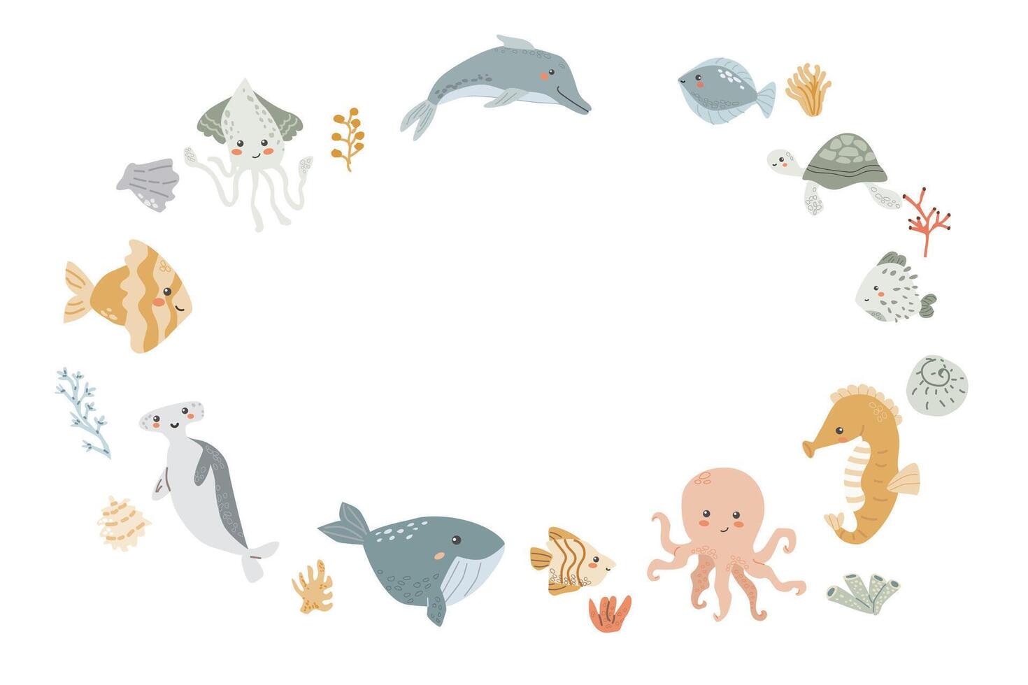 Cute marine frame with sea animals, shell, dolphin and other ocean inhabitants. vector