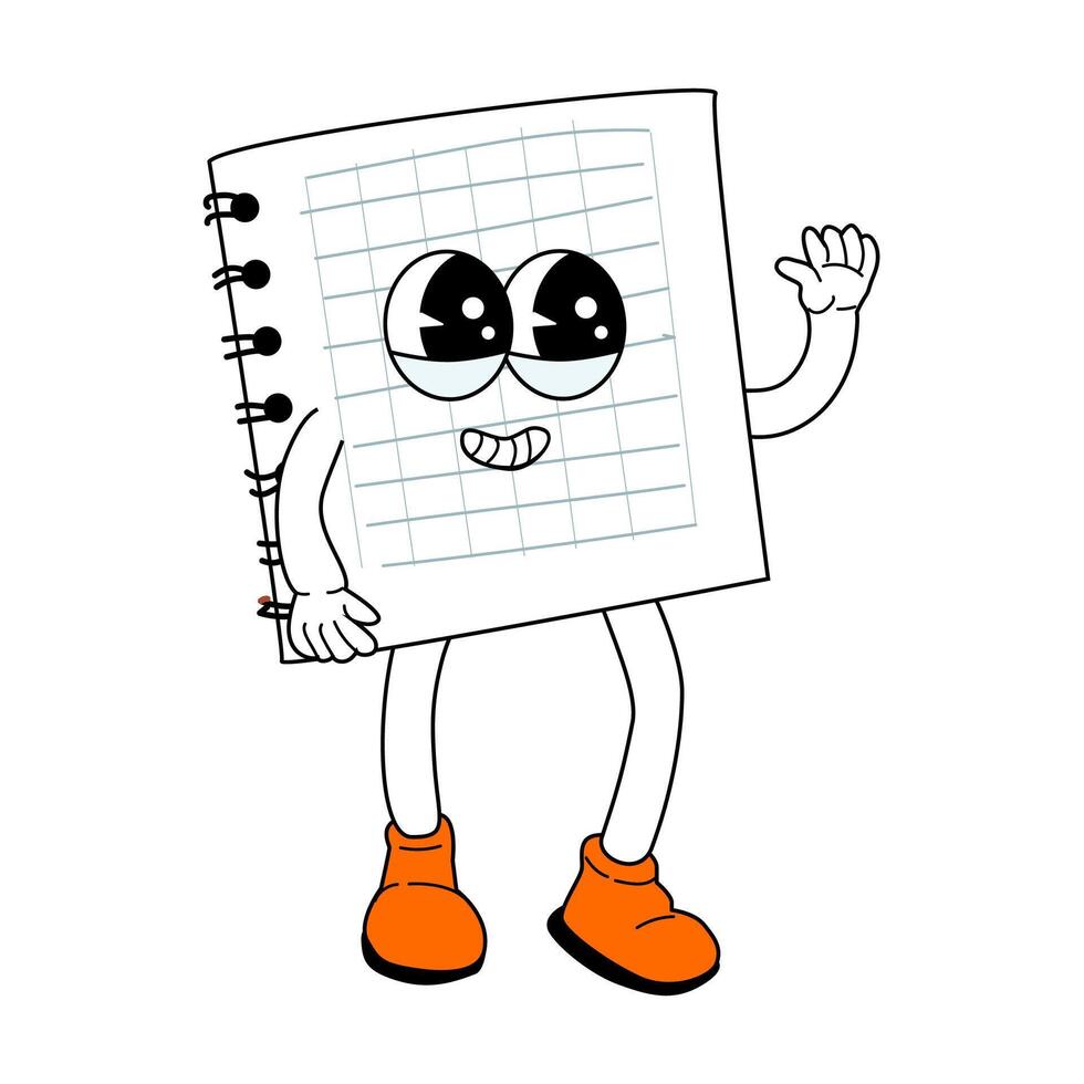 Childrens school supply - cartoon notebook in retro groovy style. vector