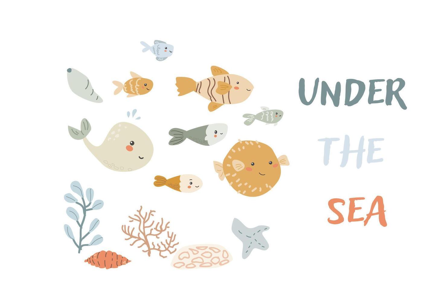 Childrens sea animal background with plant seaweed. Nautical elements card vector