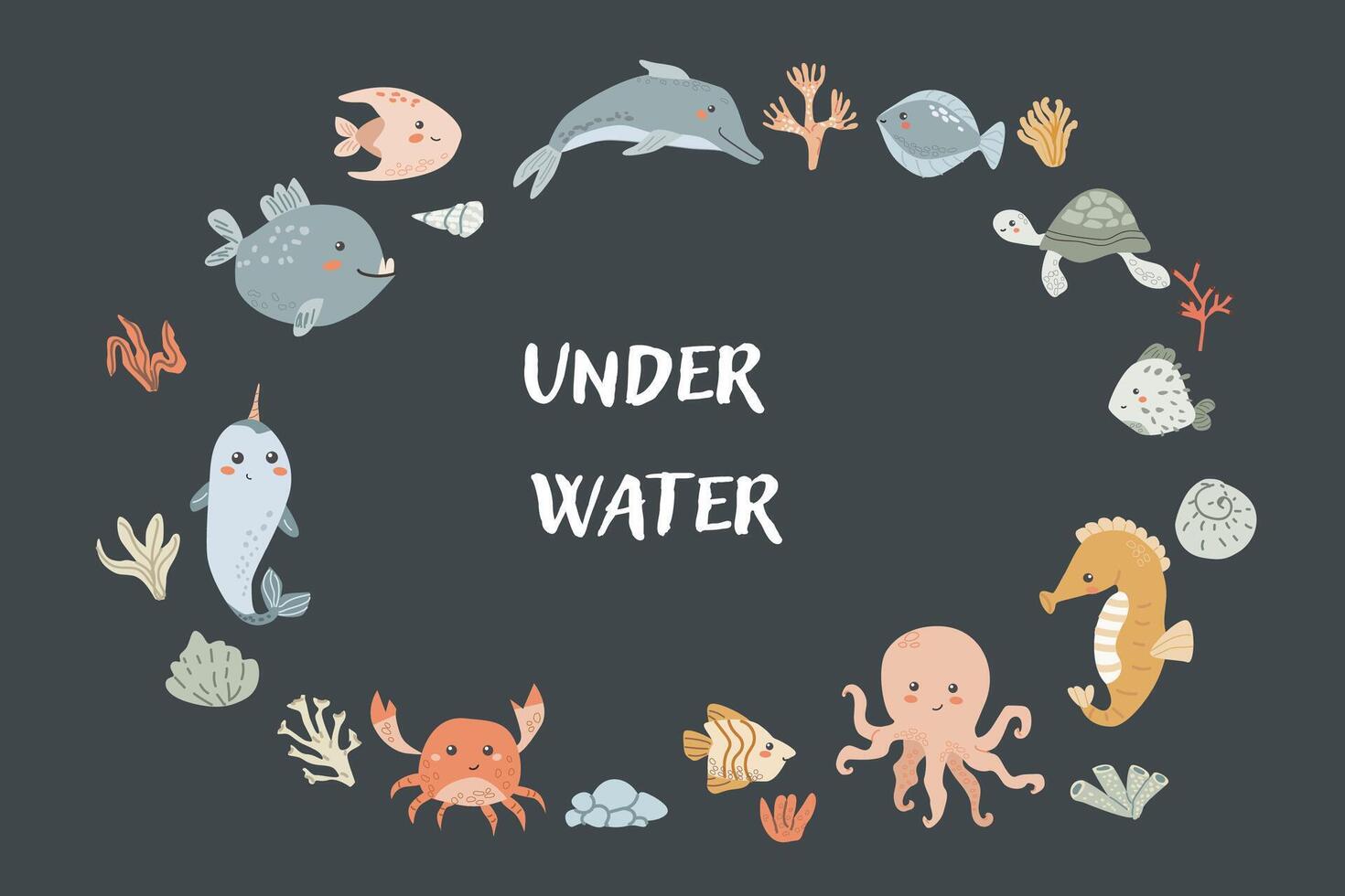 Childrens sea animal background with plant seaweed. Nautical elements card vector