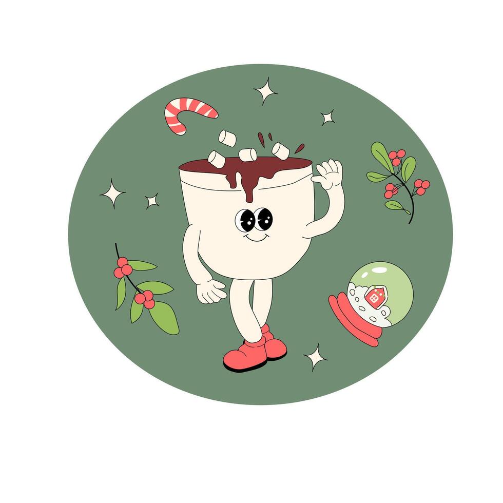 Christmas groovy banner with cartoon characters. Xmas square background. vector