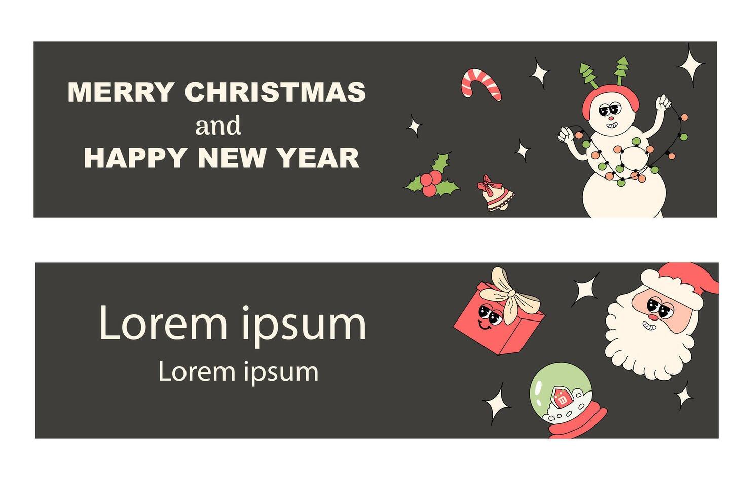 y2k new year banner with groovy characters santa. Christmas groovy vector