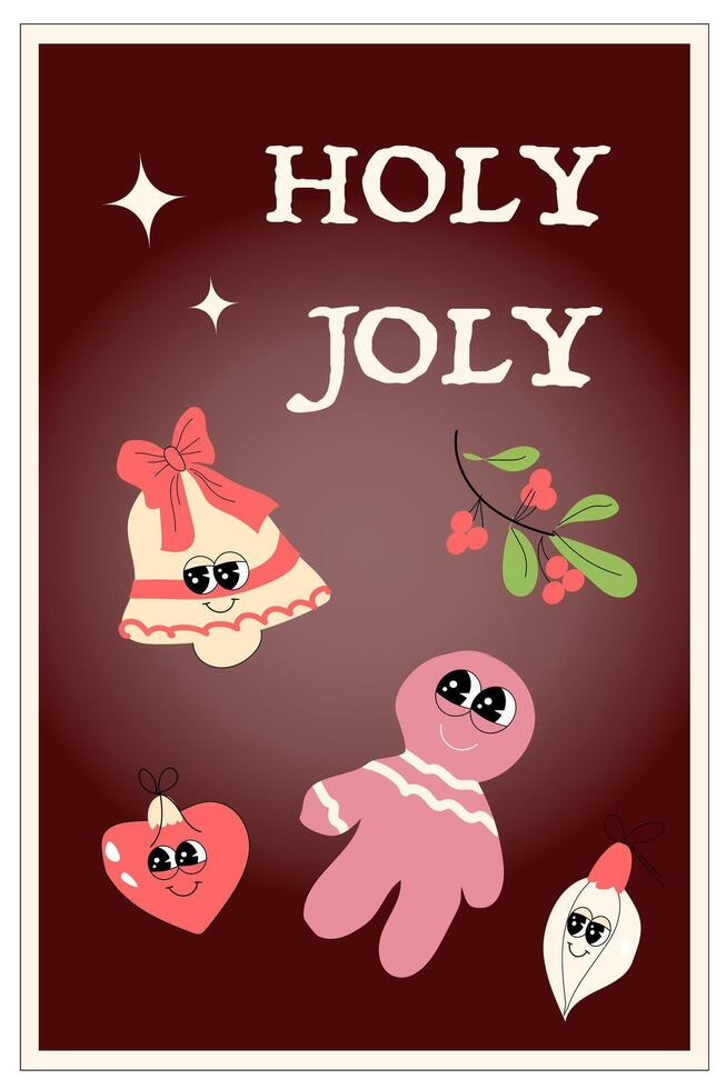 Vertical xmas banner with groovy character. Christmas y2k character and elements background vector