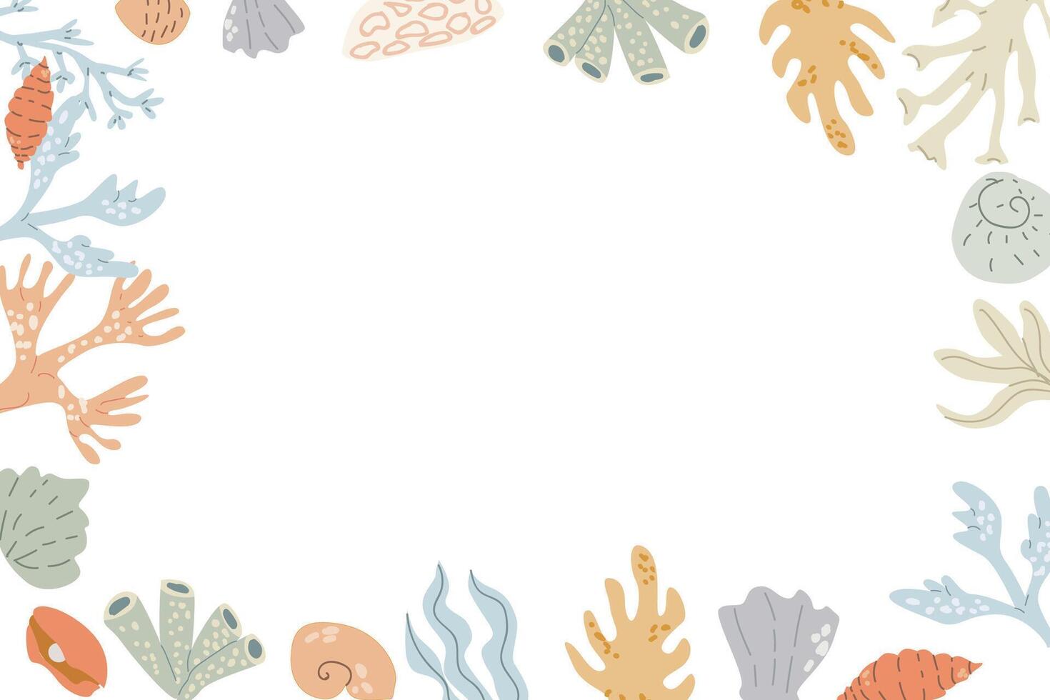 Cute marine frame with sea animals, shell, dolphin and other ocean inhabitants. vector