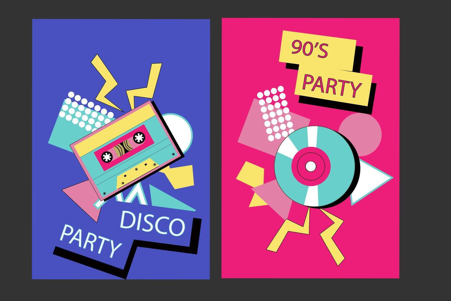 90s music backgrounds. Retro disco posters with y2k or 00s elements. vector