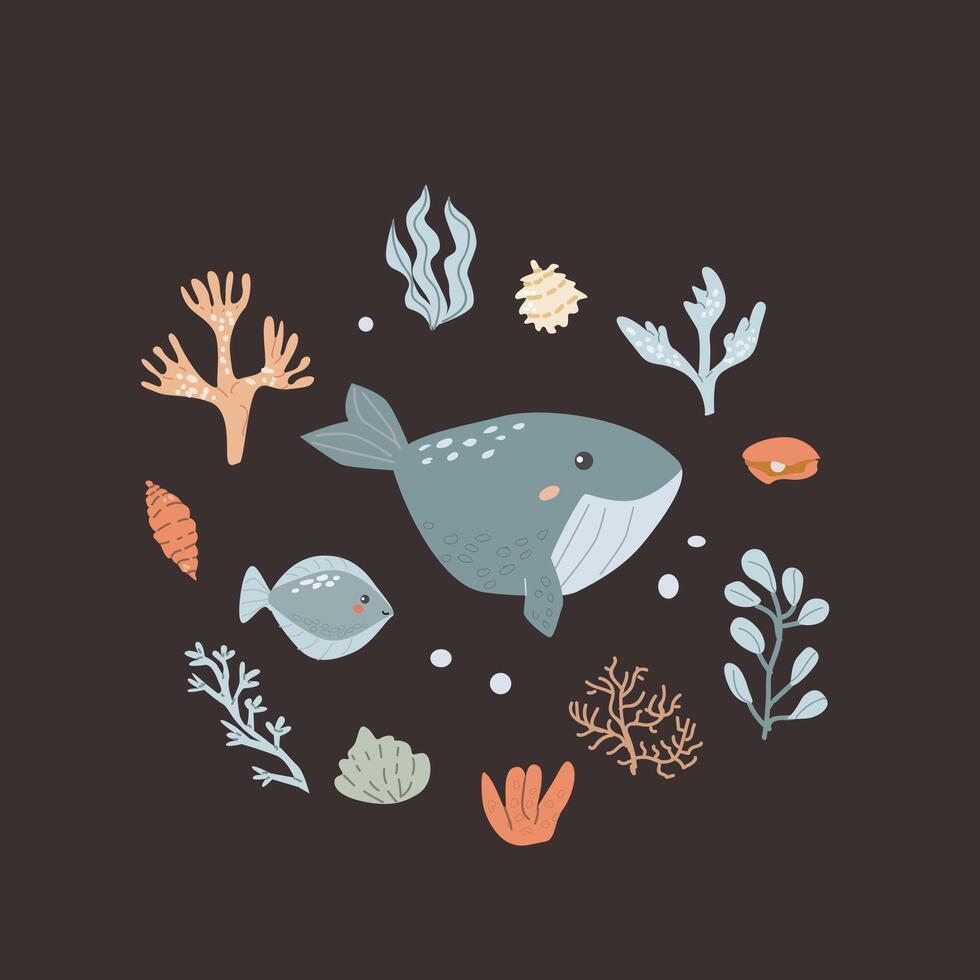 Childrens sea animal background with plant frame. Nautical elements card vector