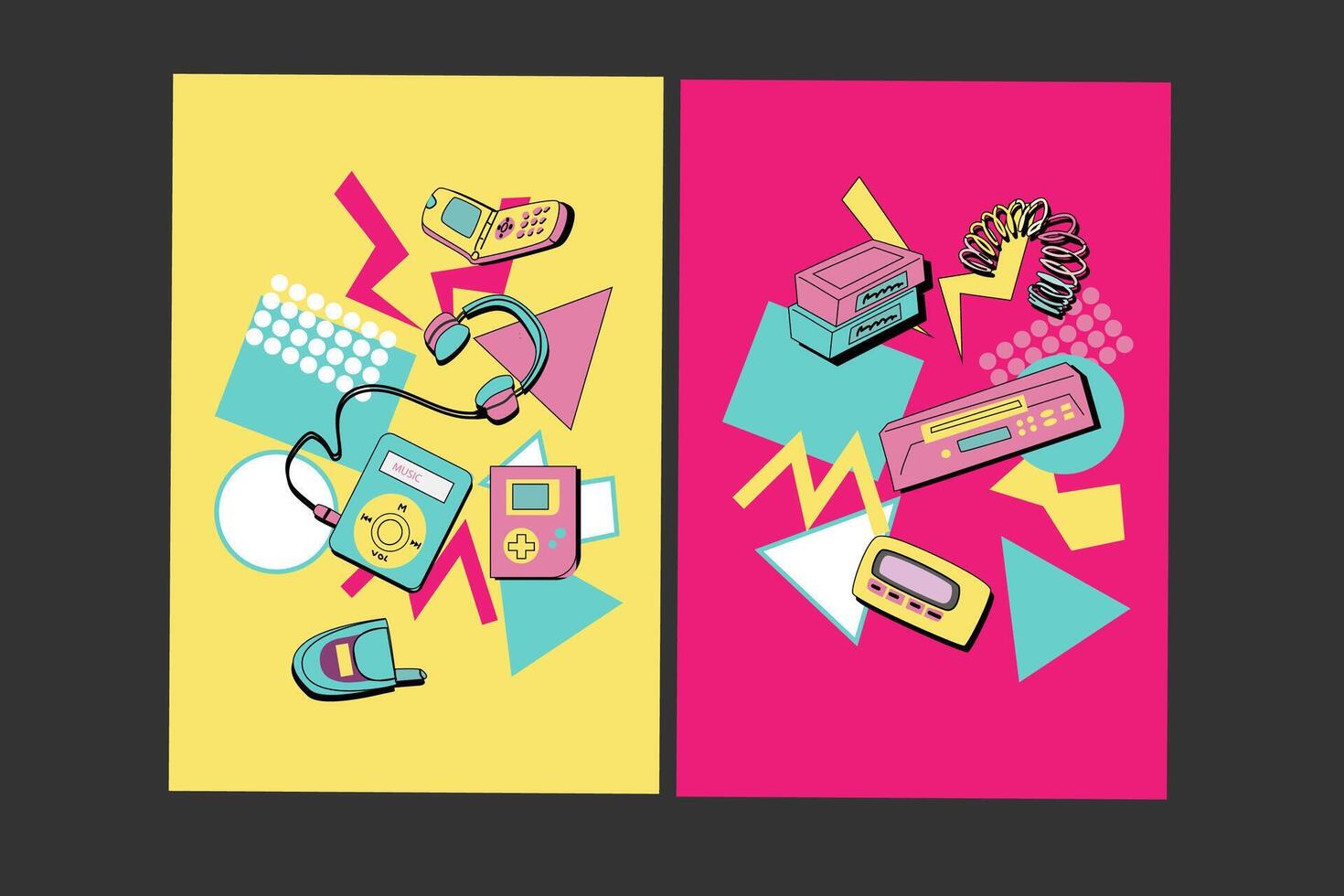90s music backgrounds. Retro disco posters with y2k or 00s elements. vector