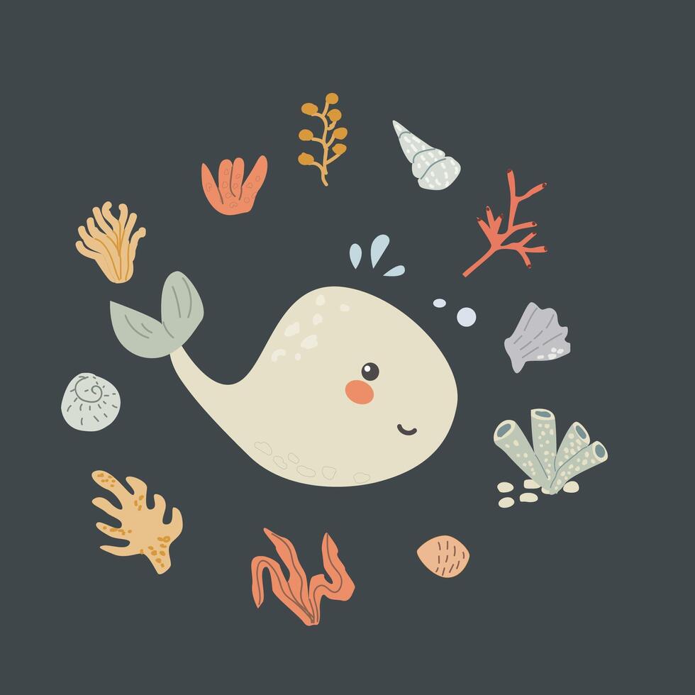 Childrens sea animal background with plant frame. Nautical elements card vector