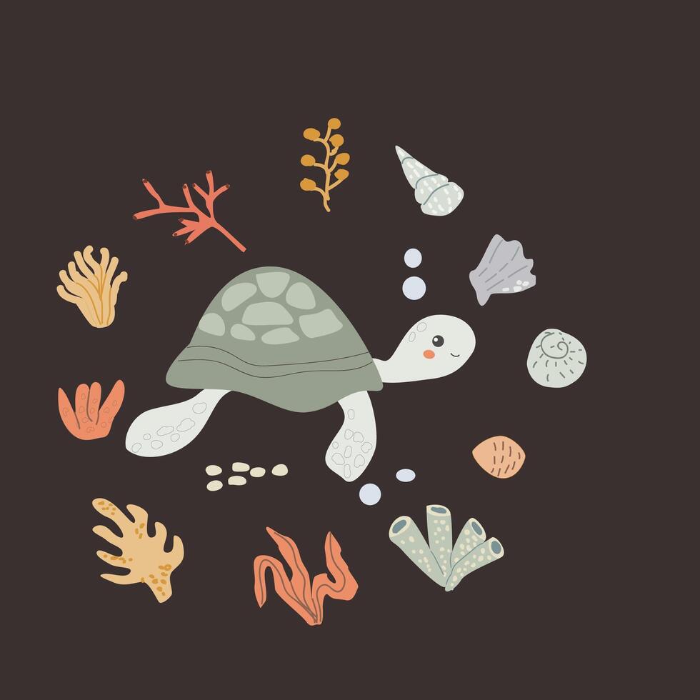 Childrens sea animal background with plant frame. Nautical elements card vector