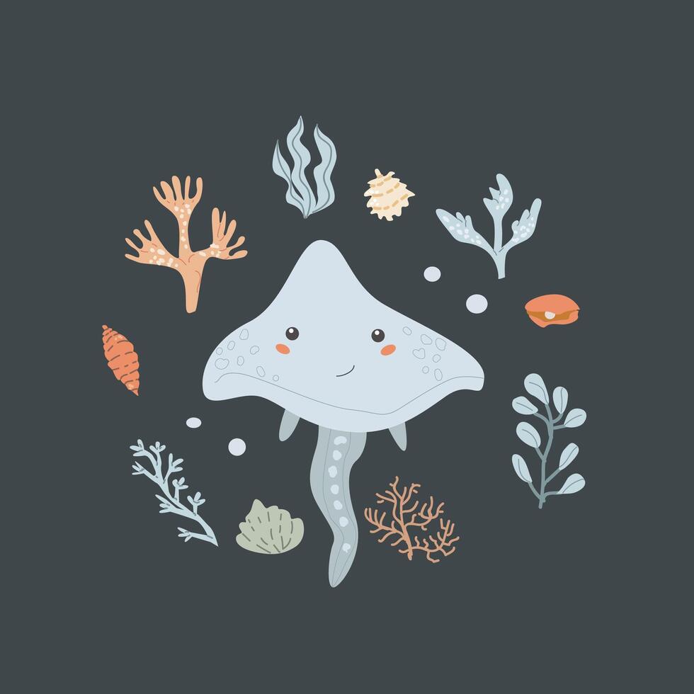 Childrens sea animal background with plant frame. Nautical elements card vector