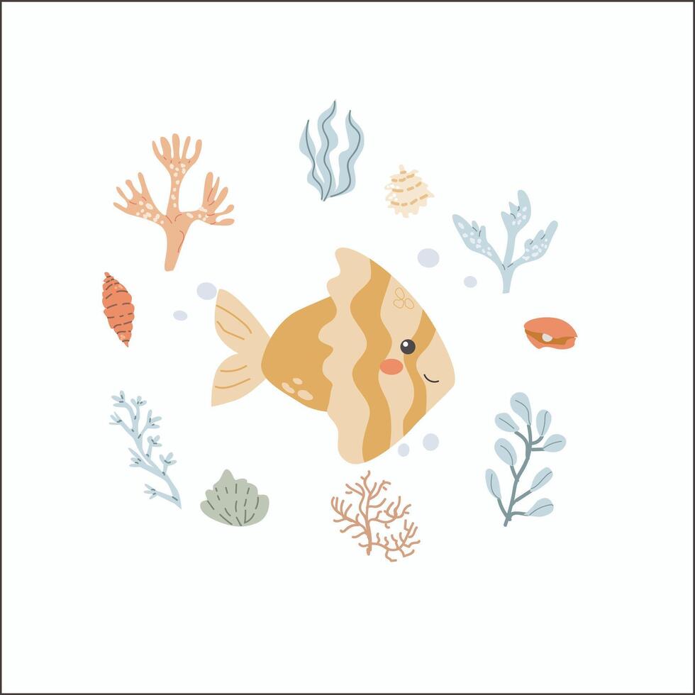 Childrens sea animal fish background with seaweed sea shell frame. Nautical elements. vector