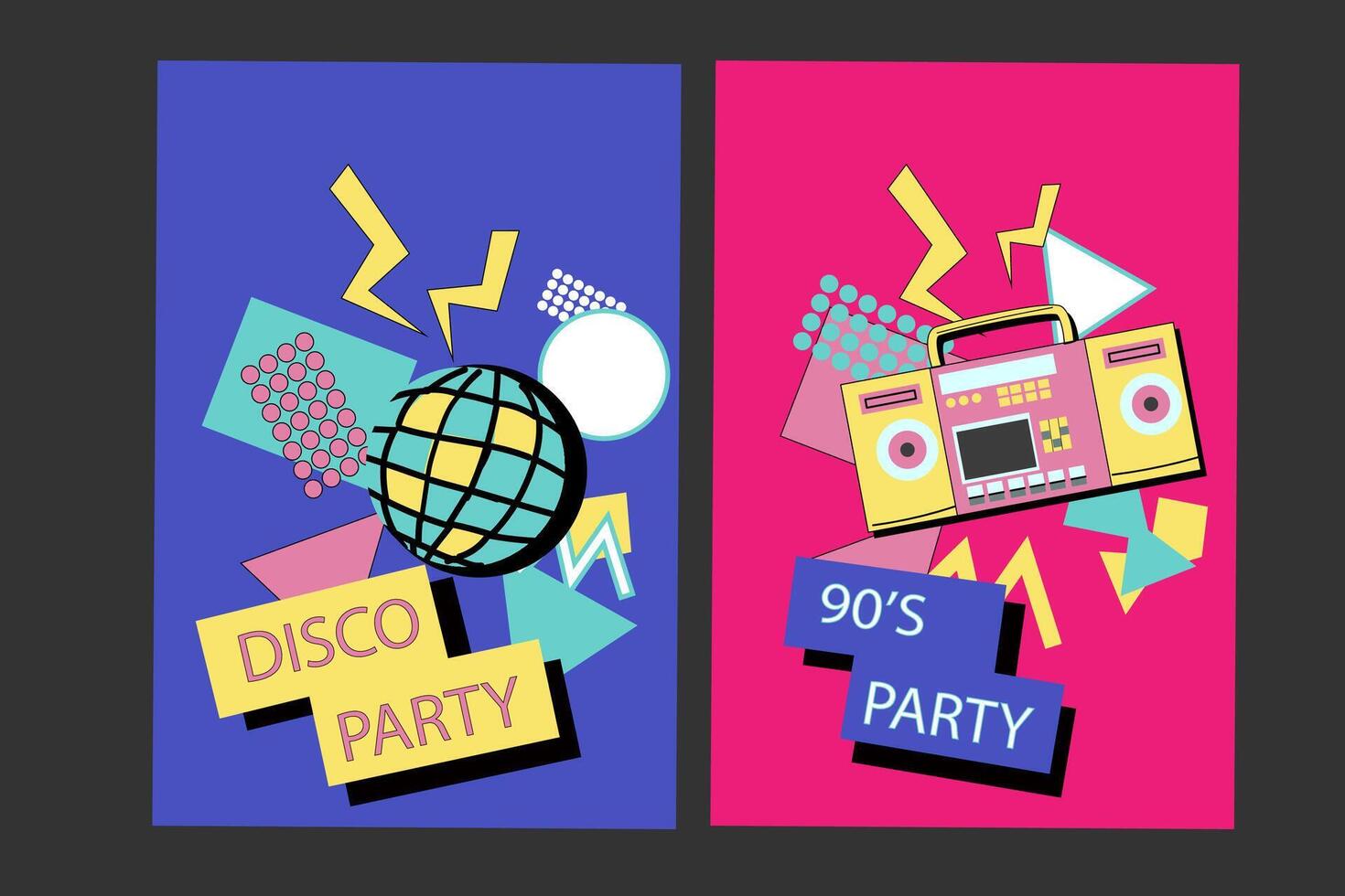 90s music backgrounds. Retro disco posters with y2k or 00s elements. vector