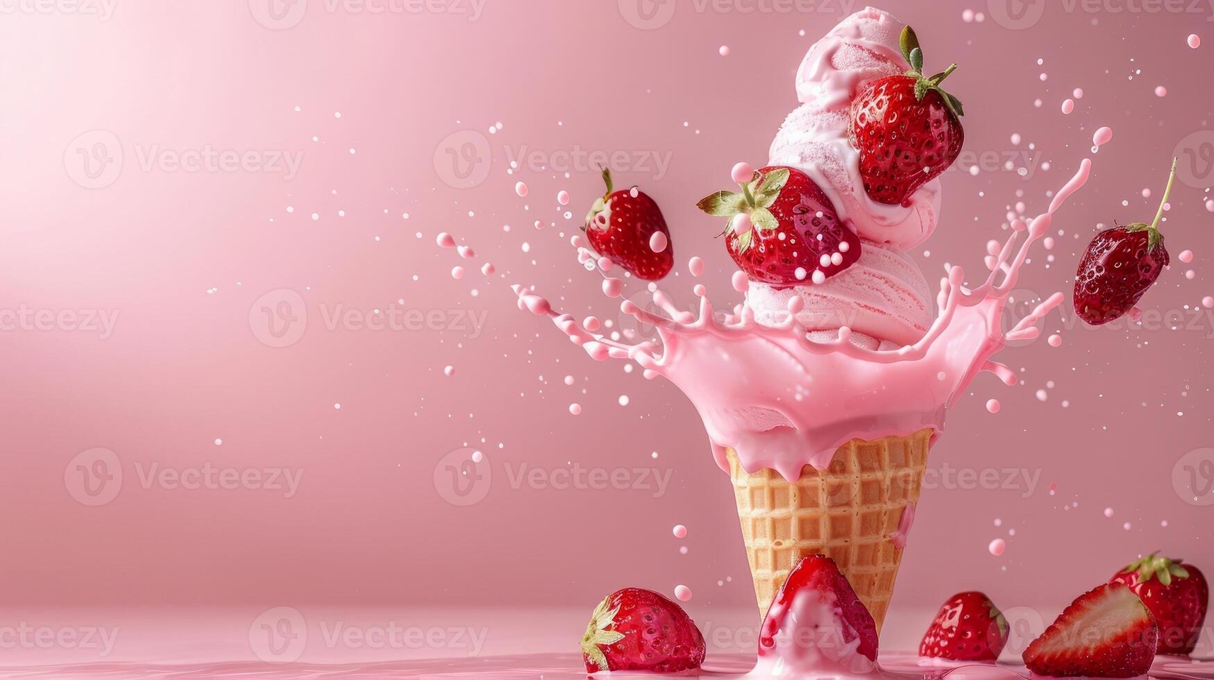 Ice cream cone with berries and fruits and whipped cream splash, empty pastel background photo