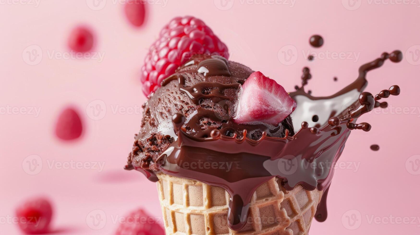 Ice cream cone with berries and fruits and whipped cream splash, empty pastel background photo