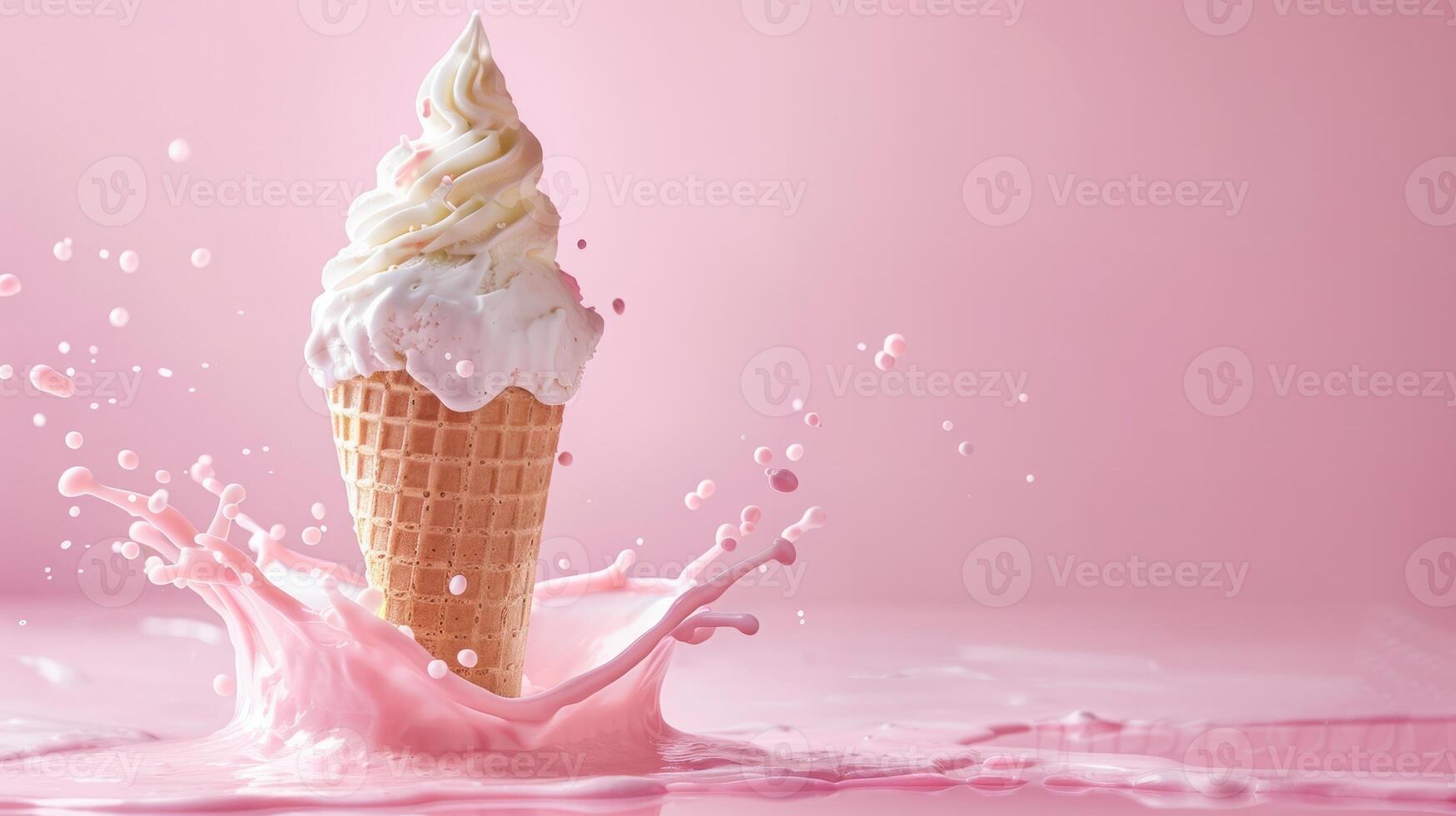Ice cream cone with berries and fruits and whipped cream splash, empty pastel background photo