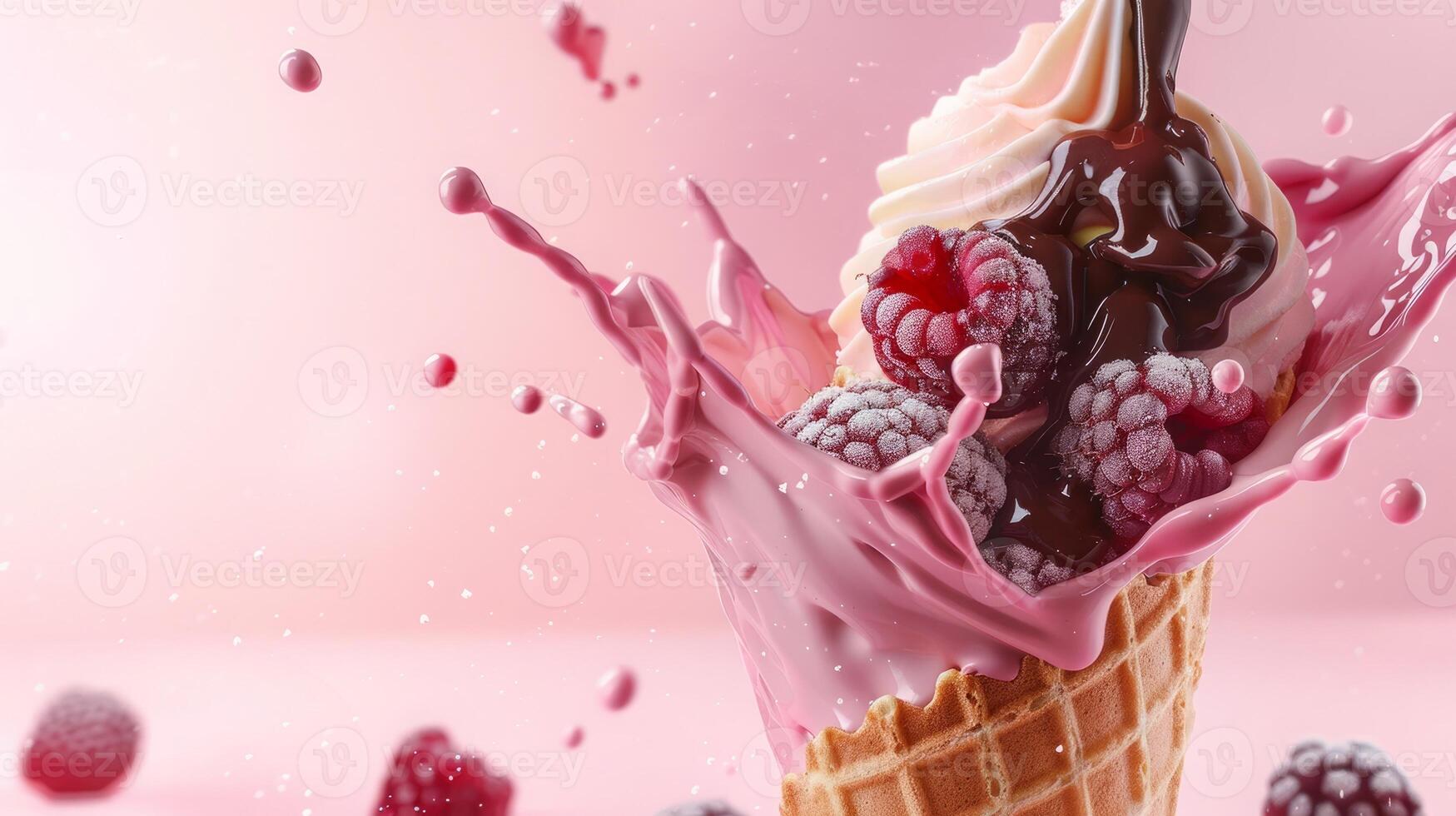 Ice cream cone with berries and fruits and whipped cream splash, empty pastel background photo