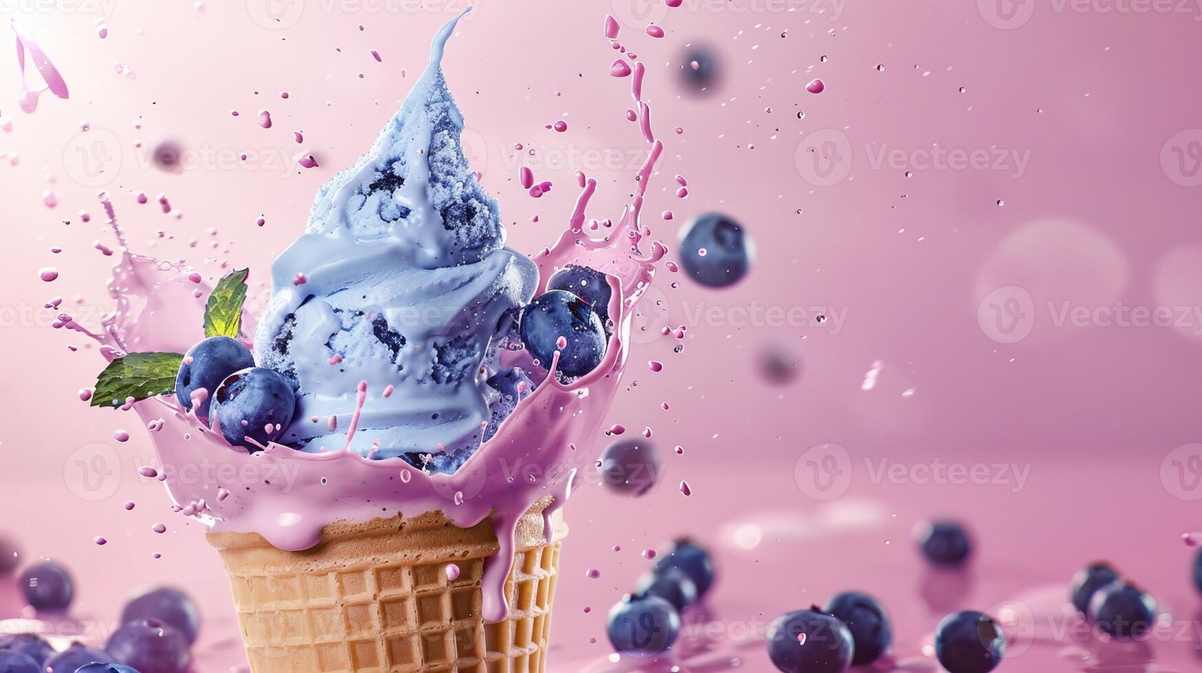 Ice cream cone with berries and fruits and whipped cream splash, empty pastel background photo