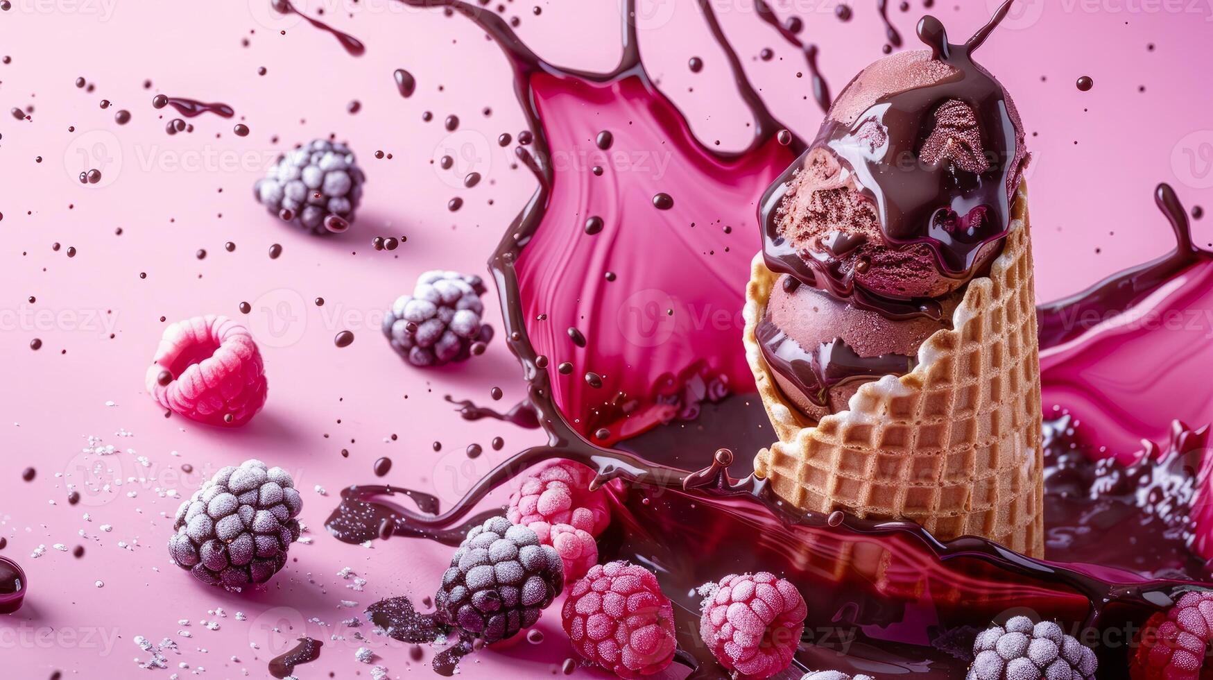 Ice cream cone with berries and fruits and whipped cream splash, empty pastel background photo