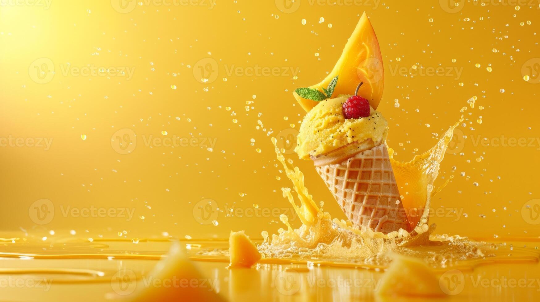 Ice cream cone with mango and whipped cream splash, empty pastel background photo
