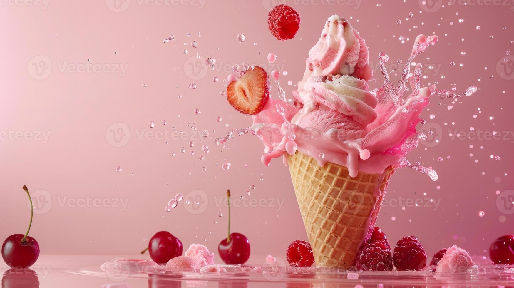 Ice cream cone with berries and fruits and whipped cream splash, empty pastel background photo
