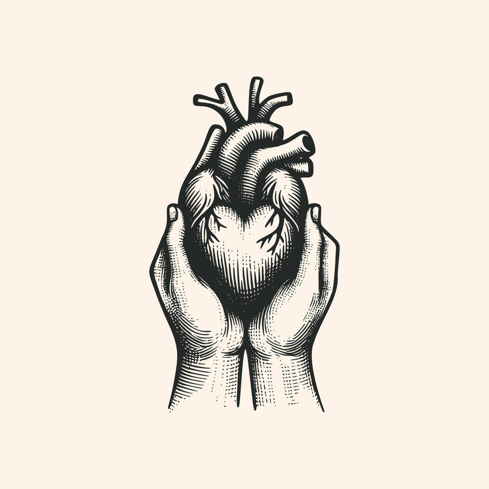 vintage illustration hand holding human heart. hand drawn heart ink sketch illustration isolated background vector