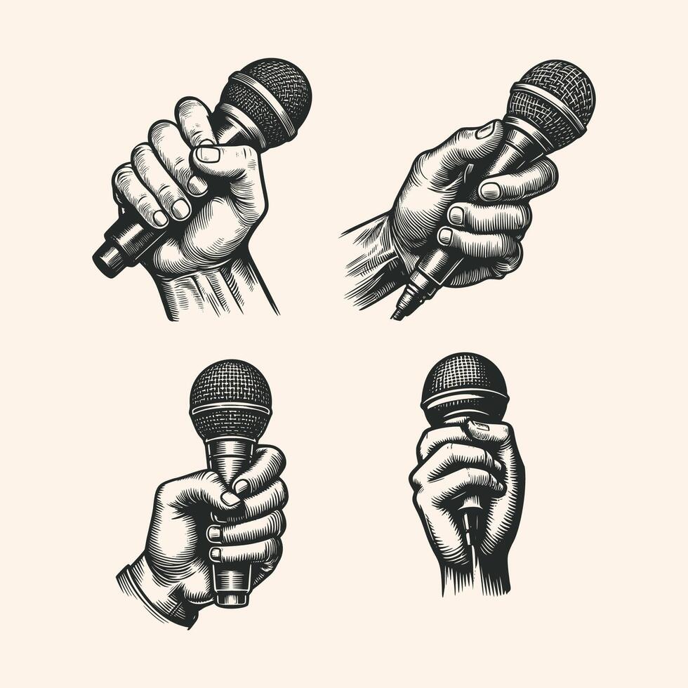 Vintage engraving isolated hand holding microphone ink sketch. hand holding mic illustration vector