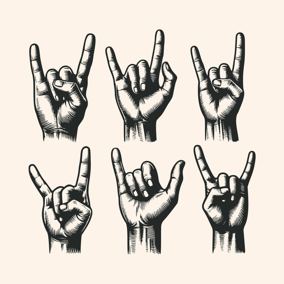 Vintage engraving isolated hand rock sign set ink sketch. devil horn sign illustration vector