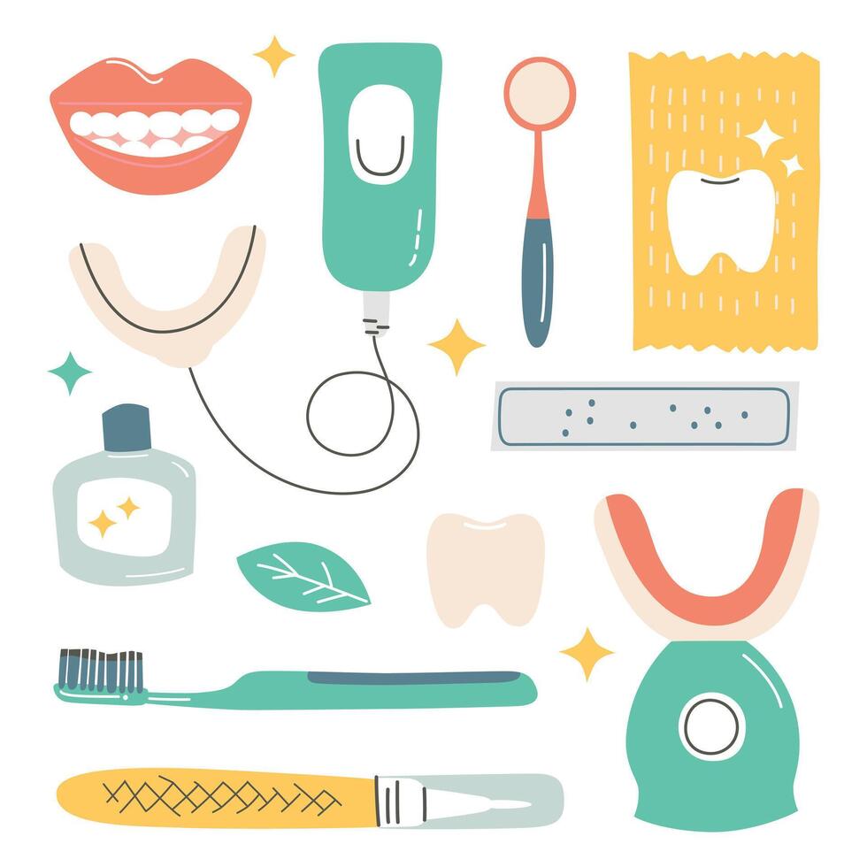 illustration of a teeth whitening kit set in flat cartoon style. Includes LED light whitener, gels, pens, strips, and other dental tools for home use, for dental care and oral hygiene designs vector