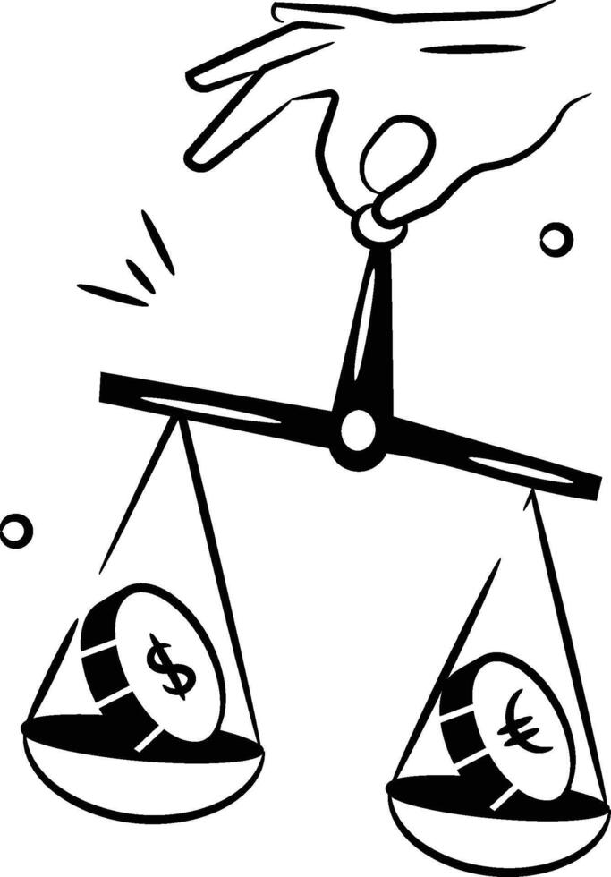 Hand holding balance scale with dollar and euro coin in it concept icon of currency rate vector