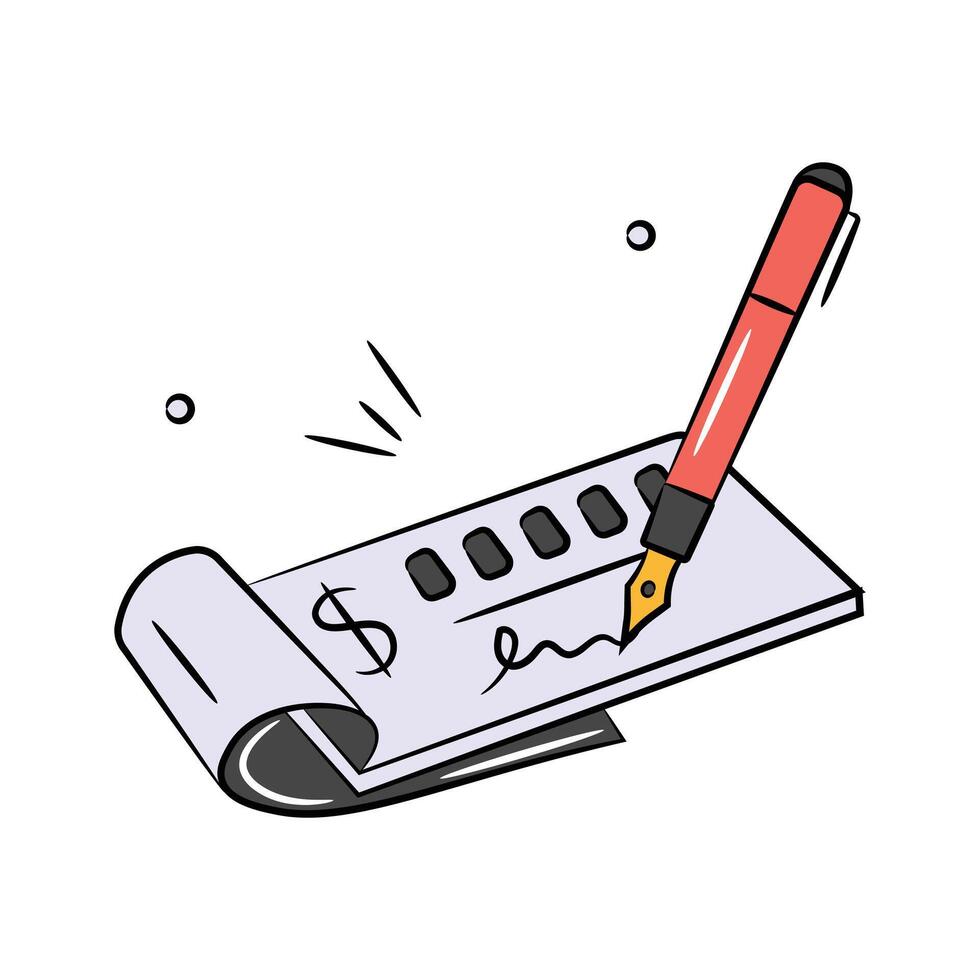 Doodle icon of cheque book with pen, bank cheque design vector