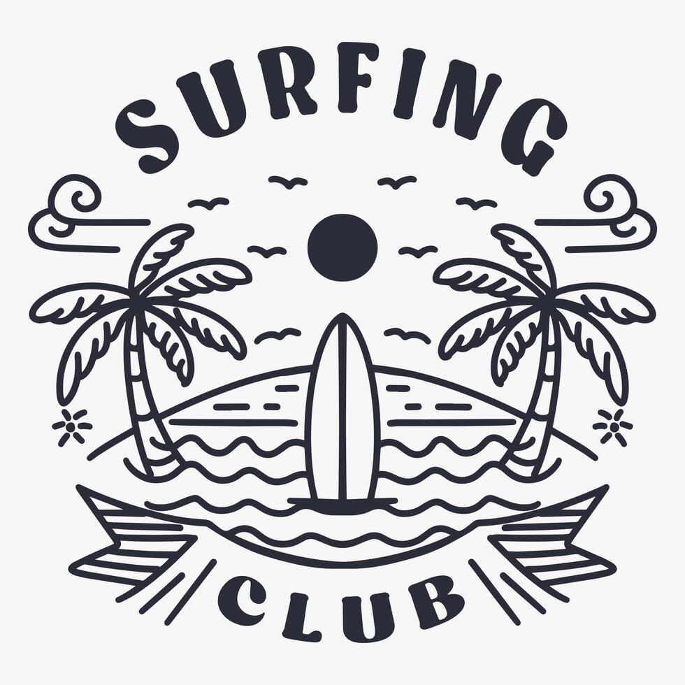 vintage surfing club line art illustration for t shirt design vector