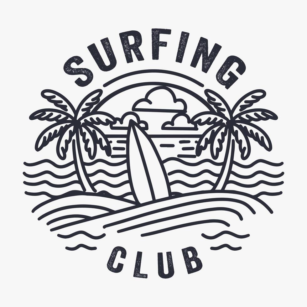 vintage surfing club line art illustration for t shirt design vector